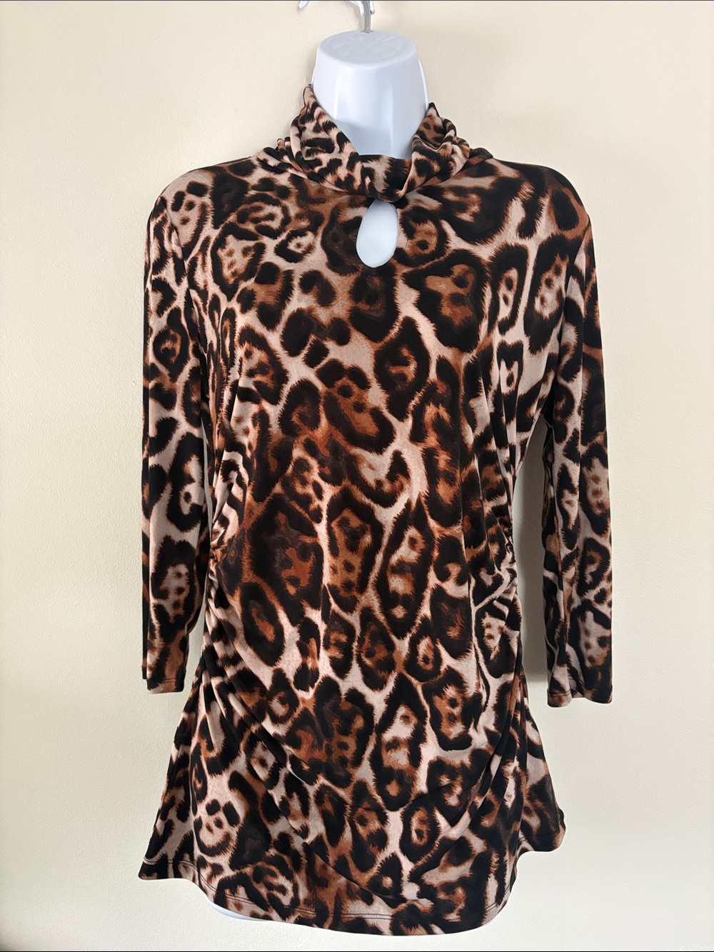 New York & Company Brown Leopard Keyhole Turtleneck Top with 3/4 Sleeve